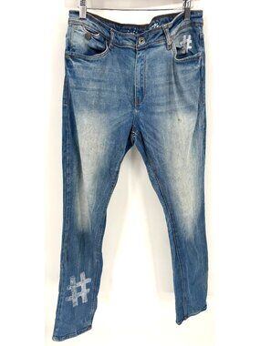 Liberation Mens Vintage Faded Blue Denim Jeans With Hashtag Graphic Size 36